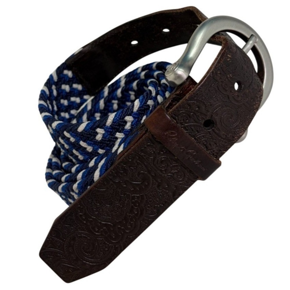Robert Graham Leather Belt Mens Size 36 Embossed Paisley Woven Blue White Stretc